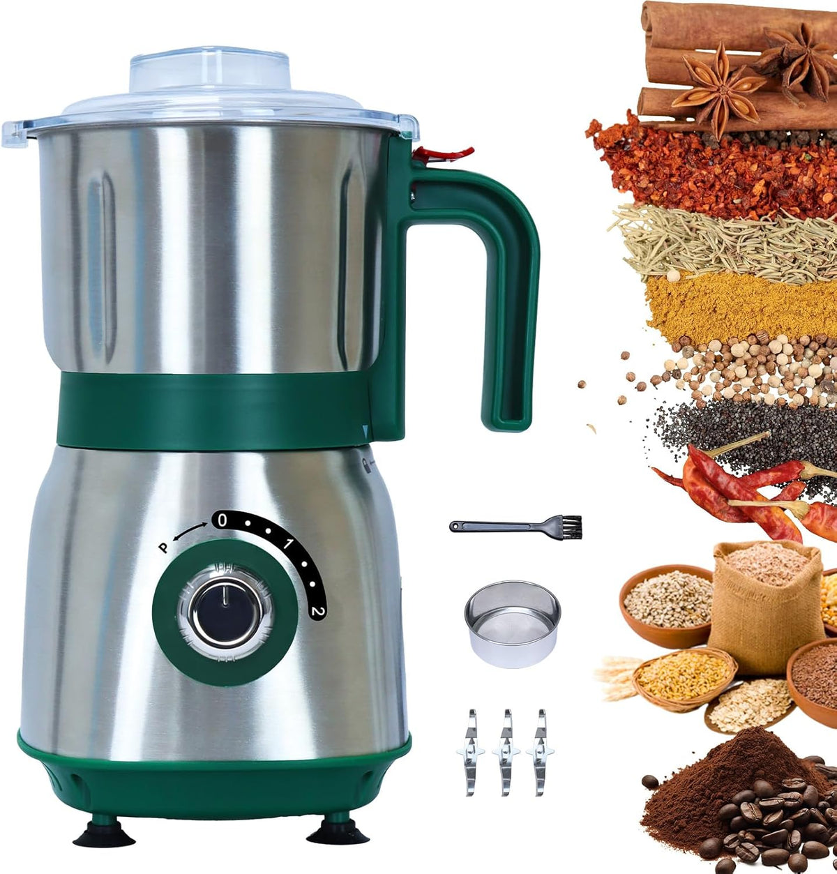 Versatile Kitchen Grinder | 500W Electric Mill | Grinds Spices, Nuts, Grains, Coffee | 3 Stainless Steel Blades | Dry Use (Green)