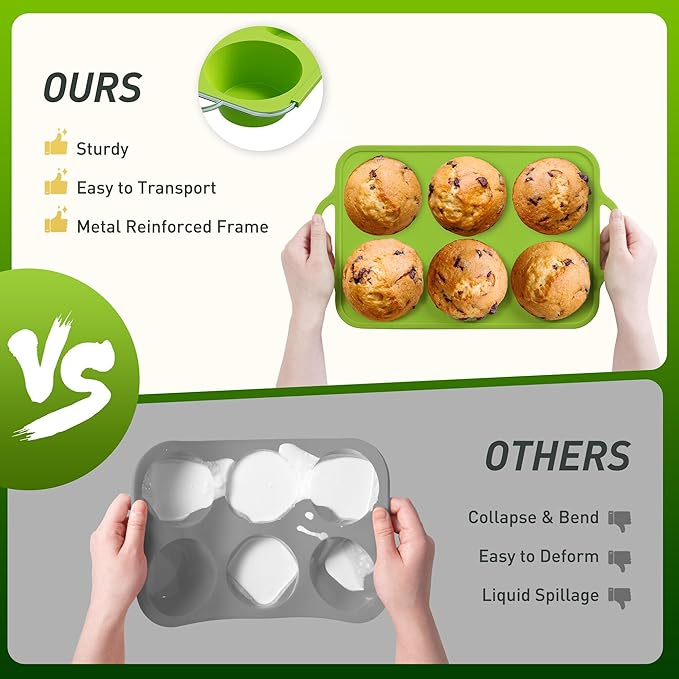 2 Packs 6 Cups Silicone Muffin Pan with Metal Reinforced Frame Jumbo Size Cupcake Pan Tray Egg Bites Silicone Circle Cookie Molds Muffin Tin Tart Pans Baking Sheet Set for Breakfast Sandwiches