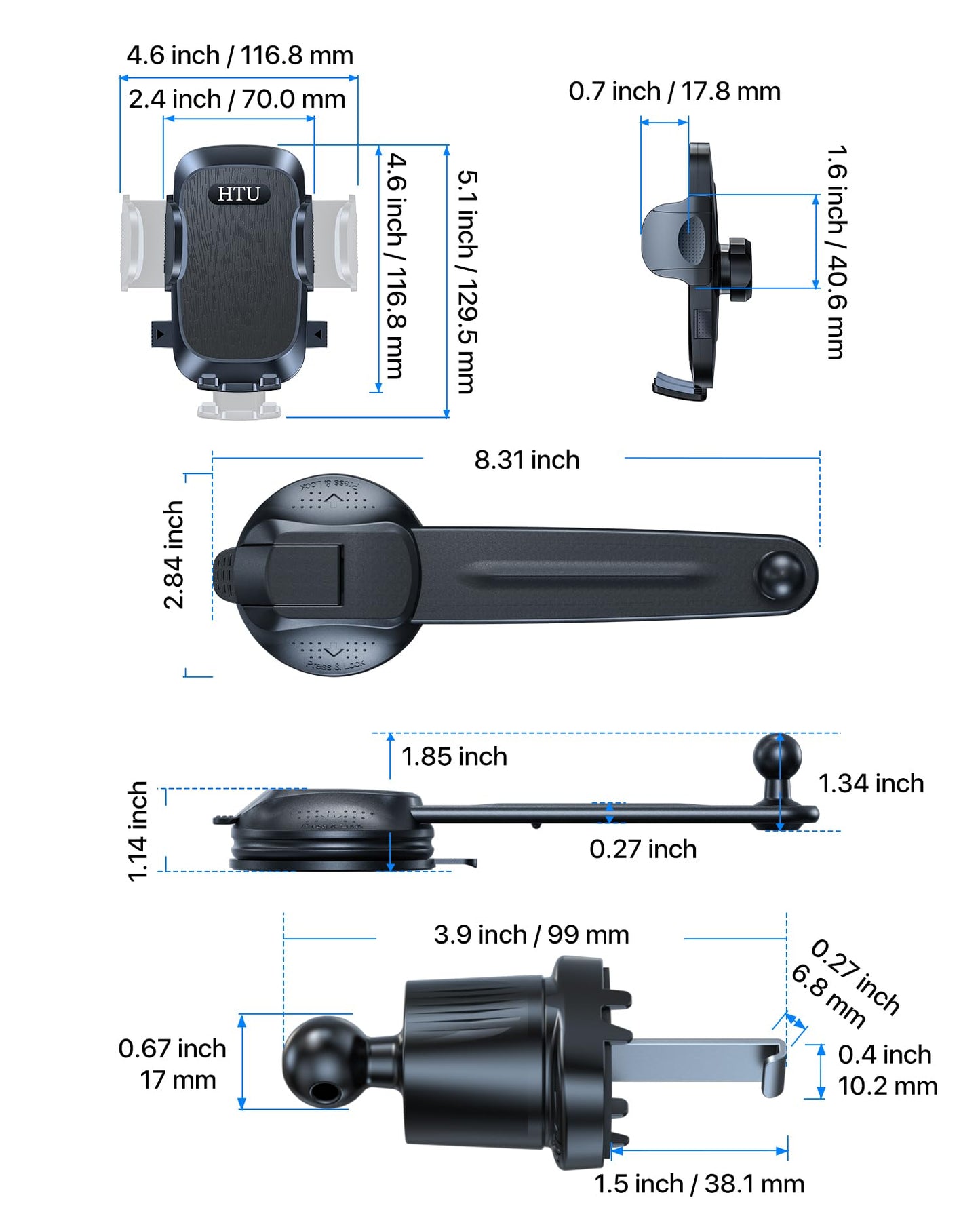 HTU Upgraded Strongest Suction No Block View Bendable Arm Car Phone Holder