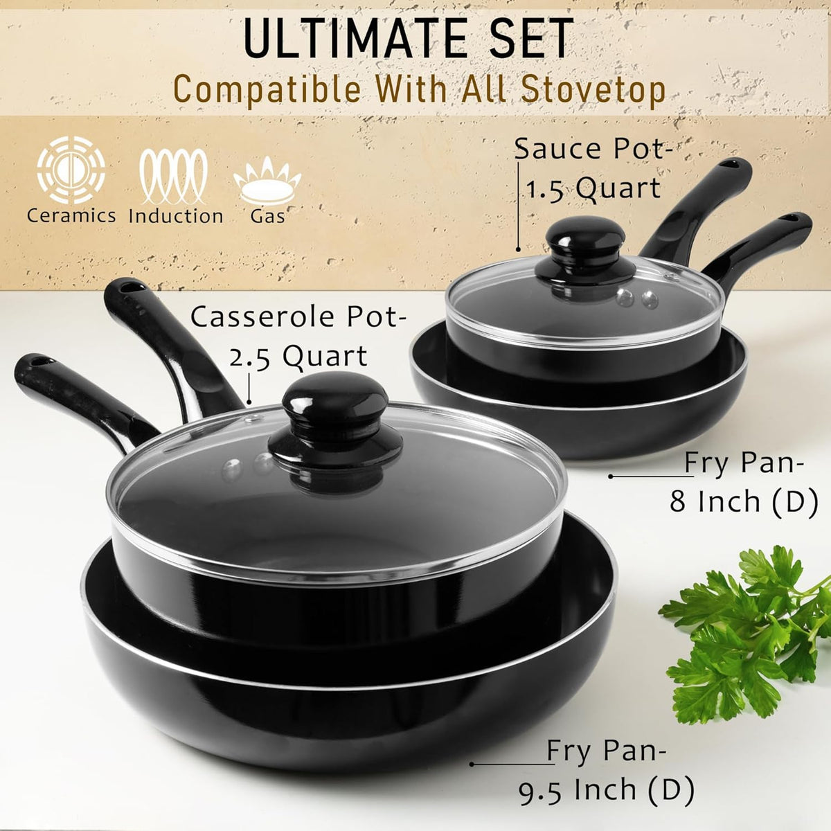 Moss & Stone 6 Pcs Black Nonstick Cookware Set, Pots And Pans Set Non stick With Glass Lid, Induction Cookware, Stay-Cool Handle PTFE/PFOA Kitchen Pots 6-Piece with Frying Pans & Saucepan