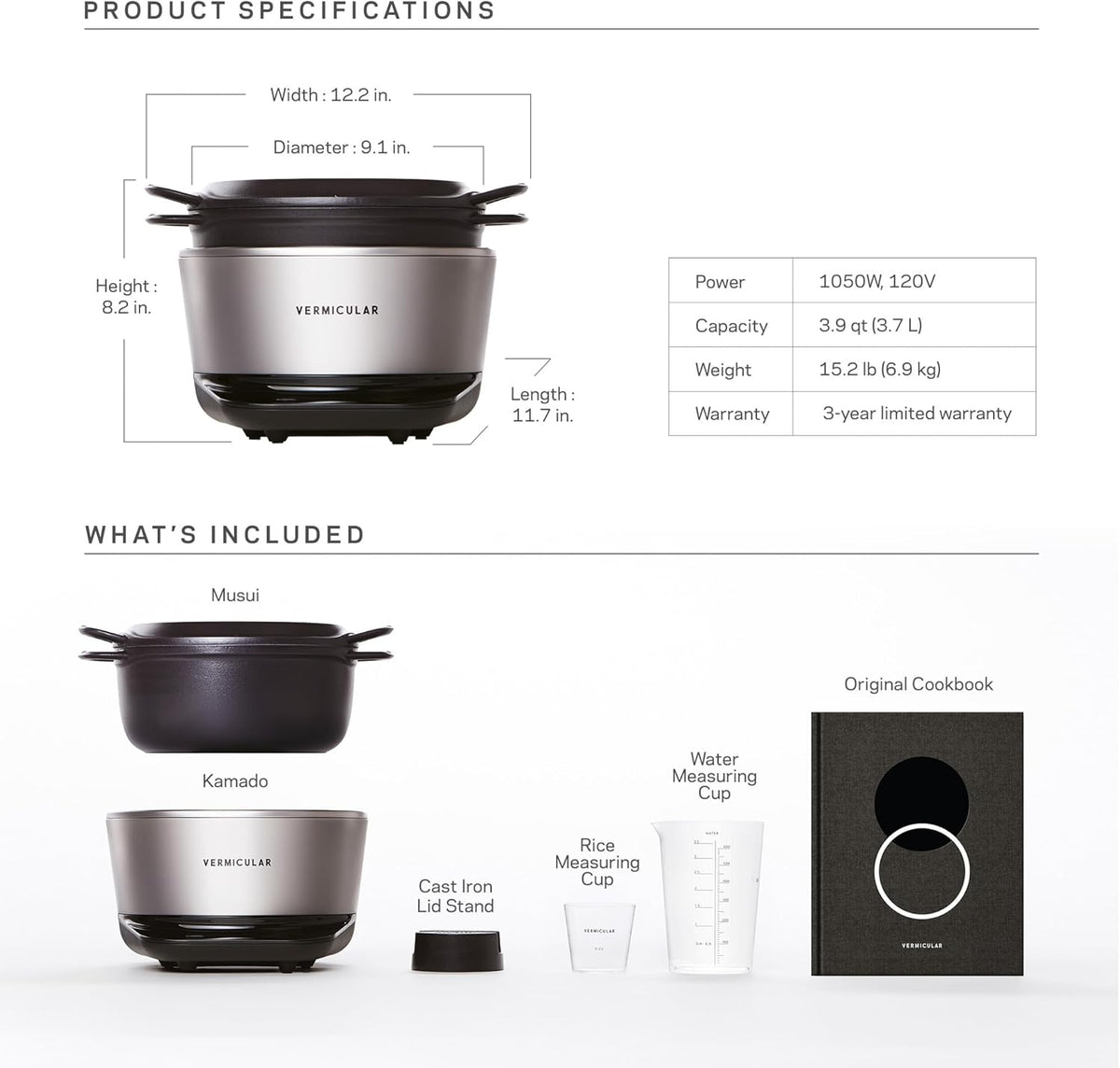Vermicular Musui–Kamado (RICEPOT) | Cast Iron Induction Cooker | Precision Multicooker | Japanese Rice Cooker | Slow Cooker | Non-Toxic Enameled Cast Iron Pot | Matte Black & Silver | US Model (120V)