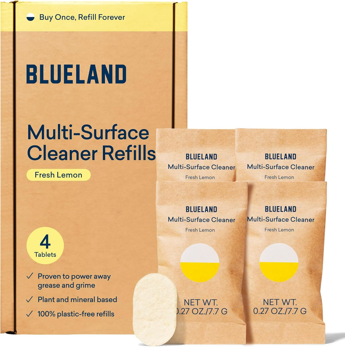 BLUELAND Multi-surface Cleaner, 4-Pack Refill, Fresh Lemon Scent, All-Purpose, Eco-Friendly Cleaning Supplies, 4 x 24 Fl oz
