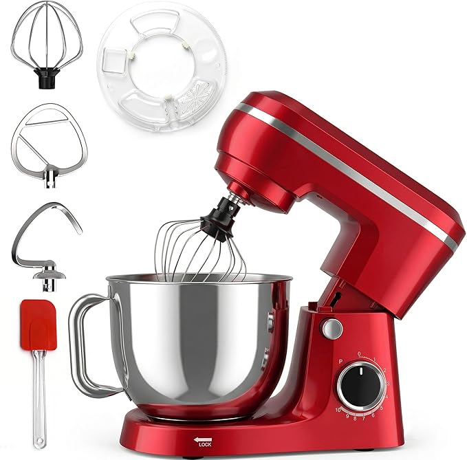 Household Stand Mixer with 6.5 Quart Bowl, Electric Food Mixer 10+p Speeds 660W, Tilt-Head Bread Dough and Cake Mixers with Dough Hook, Whisk, Beater, Splash Guard and Egg Separator (Red)