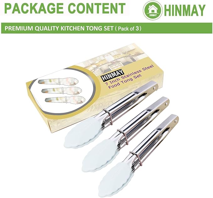 Small Serving Tongs with Silicone Tips 7-Inch Mini Tongs, Set of 3 (White)