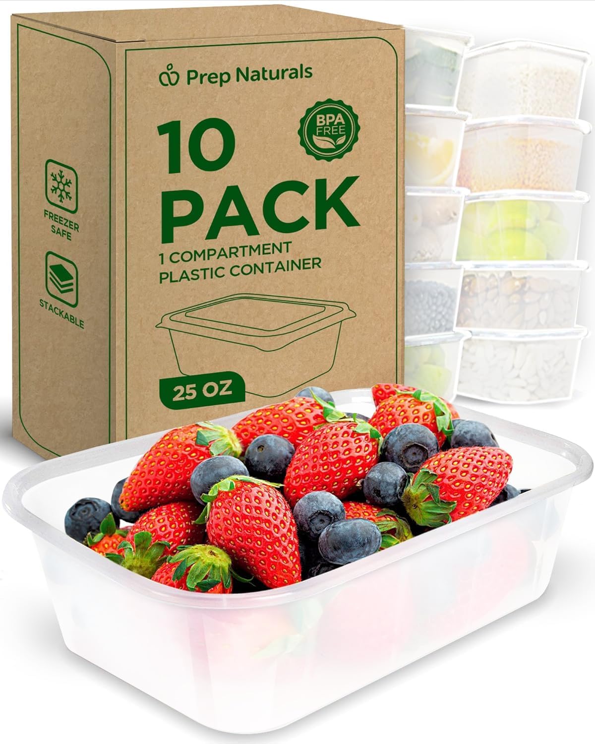 PrepNaturals 10 Pack Meal Prep Containers - 10 Pack of 25 Oz 100% BPA-free Plastic Food Storage Containers with Lids - Reusable Plastic Containers with Lids - Dishwasher Safe Lunch Containers
