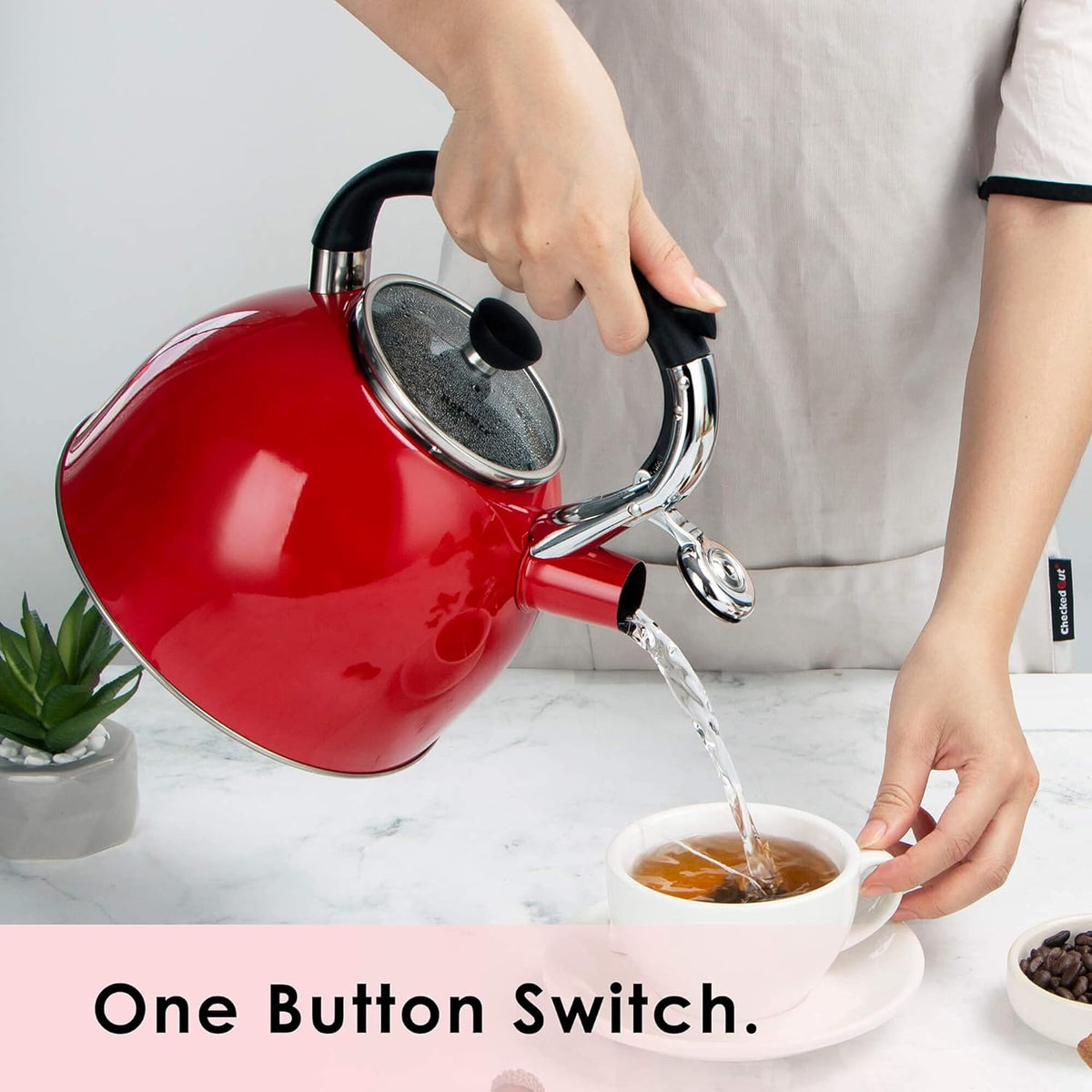 Rorence Whistling Tea Kettle: 2.5 Quart Stainless Steel Kettle with Capsule Bottom & Heat-resistant Glass Lid (Red)
