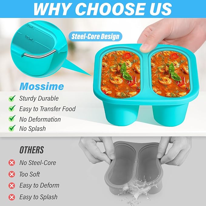 Mossime Silicone Soup Freezer Molds: 1 Cup Silicone Freezer Trays with Lid - 4 Packs Easy Release Soup Freezer Containers - 250ml 125ml Portion Large Cubes for Ice Soup (2, Blue/Yellow)