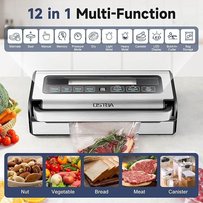 OSTBA 180W Vacuum Sealer Machine, 12-in-1 Double Pump Food Saver with Built-in Cutter & Bag Storage, Easy-Lock Handle, Dry & Moist & Marinate, Memory Function, Includes 1 Roll of Vacuum Bags & Hose