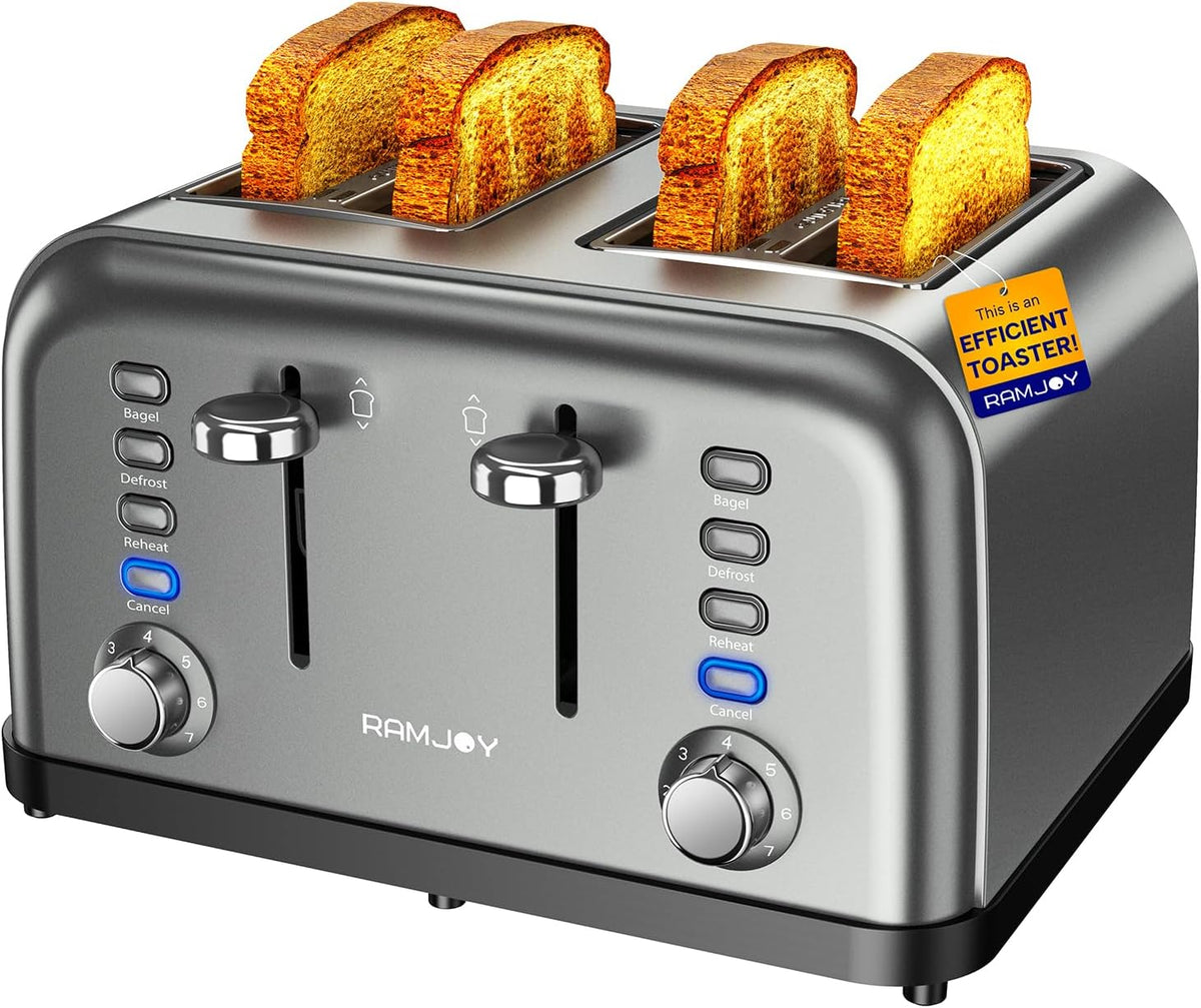 Grey Toaster 4 Slice, Dual Independent Controls, Extra Wide Slot Toasters for Bagel, Bread, Waffles, 7 Shade Settings, 4 Main Functions, Removable Crumb Tray, 1500 Watts, Grey Stainless Steel