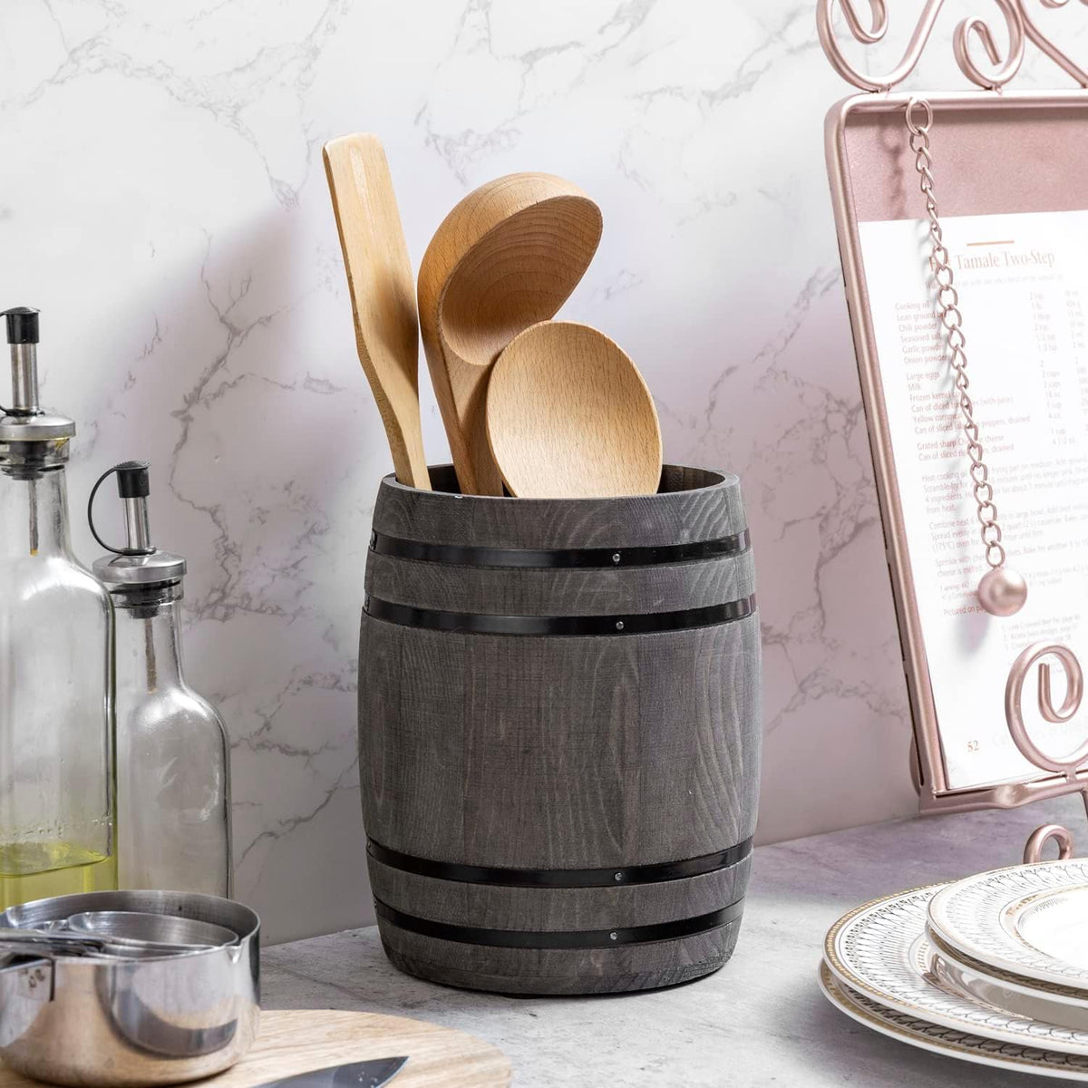 MyGift Wine Barrel Design Kitchen Utensil Crock, Vintage Gray Solid Wood Cooking Tool Holder