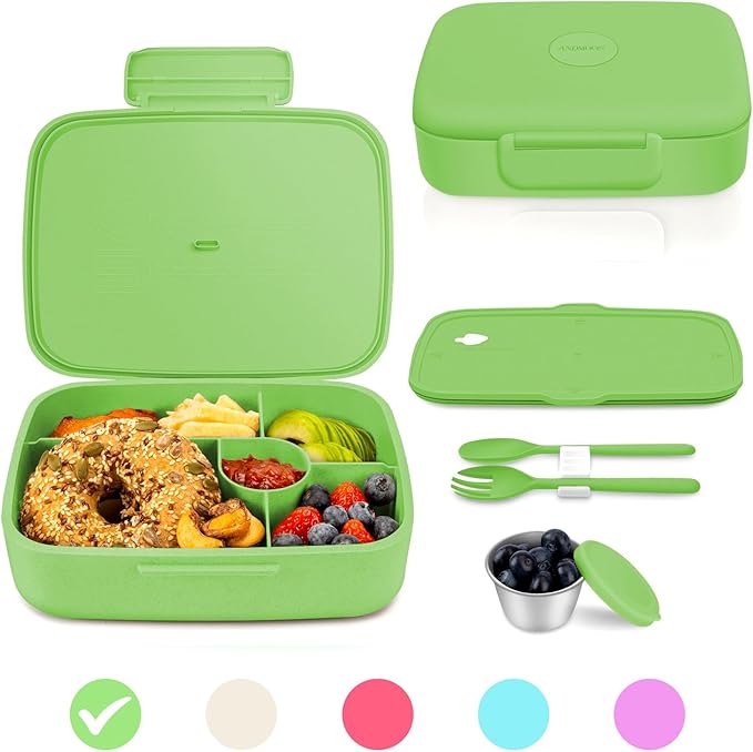 Bento Lunch Box with Kids/Adults, 5 Compartments Leakproof Lunch Container with Dressing Cup, Eco-Friendly Double Insulated Boxes, Dishwasher and Microwave Safe, BPA-Free (green)