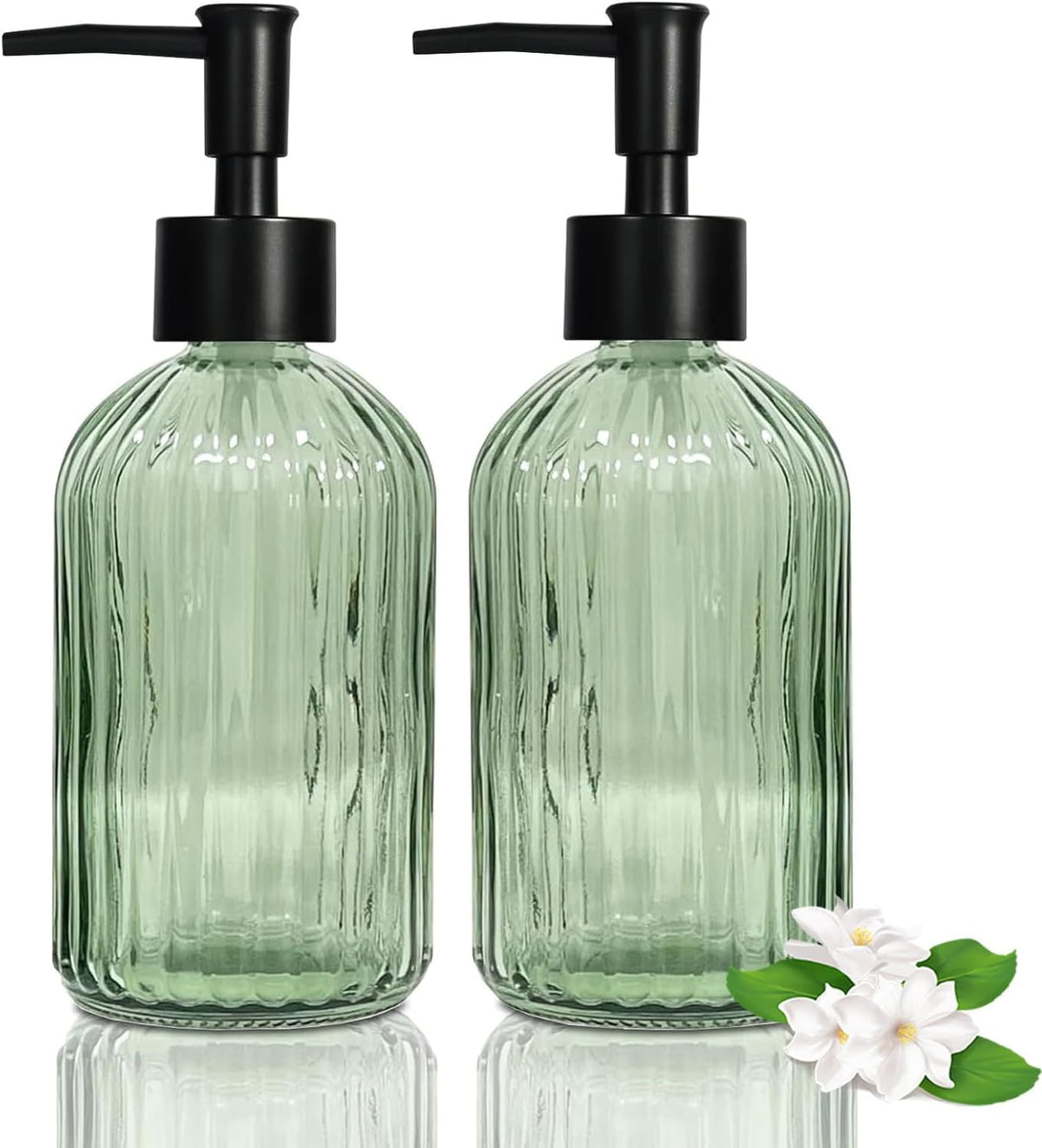 14 Oz Black Pump Glass Soap Dispenser, Green Stripe Countertop Refillable Liquid Bottle Hand Dish Lotion Dispenser with Plastic Pump, for Kitchen, Bathroom, 2 Pack