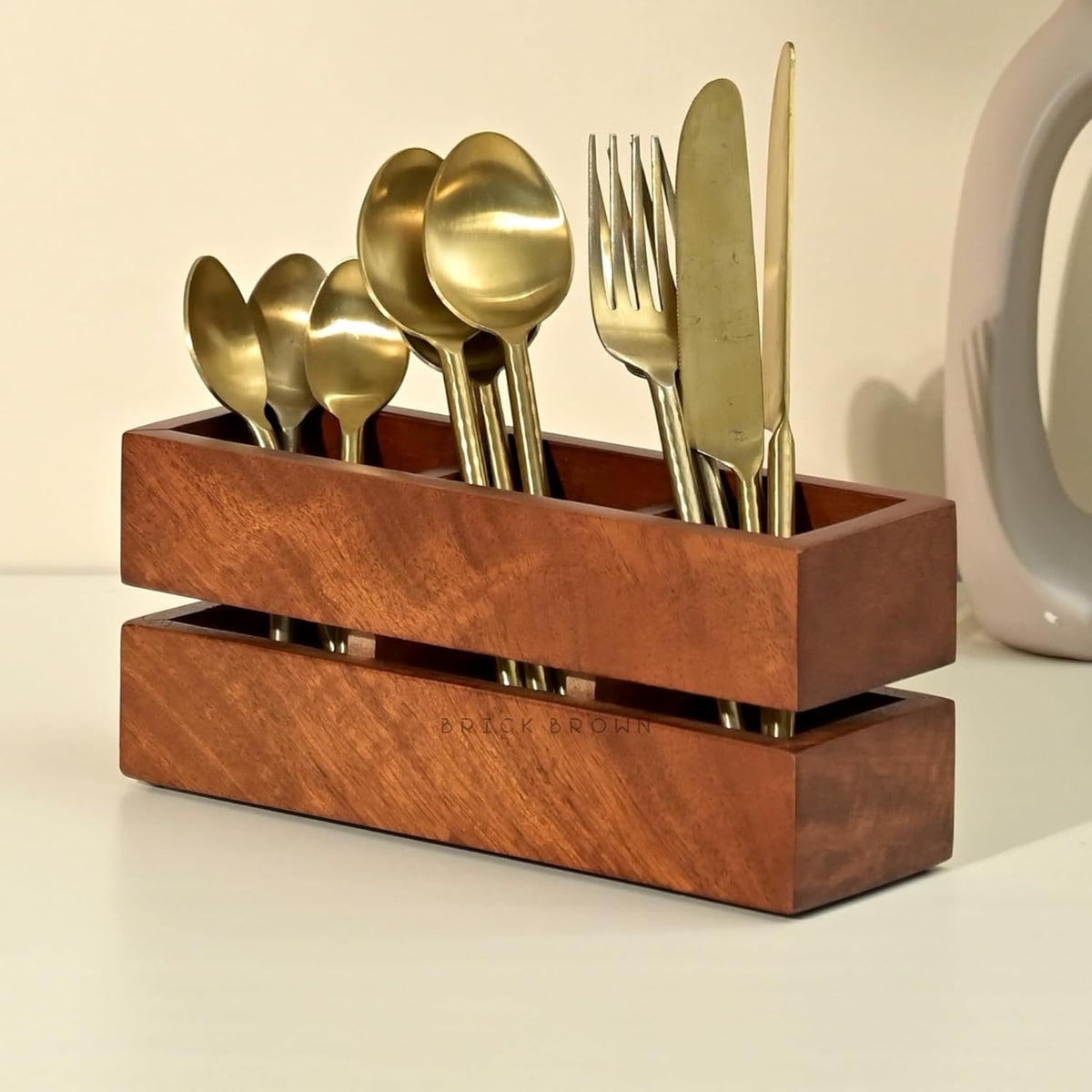 Brick Brown Premium Handcrafted 3-Partition Wooden Cutlery Holder Storage Spoon, Knife, Fork, Chopstick Caddy Self Organizer Stand for Home Kitchen Tableware Restaurant in Mahogany(9.1x3x3.9Inch)