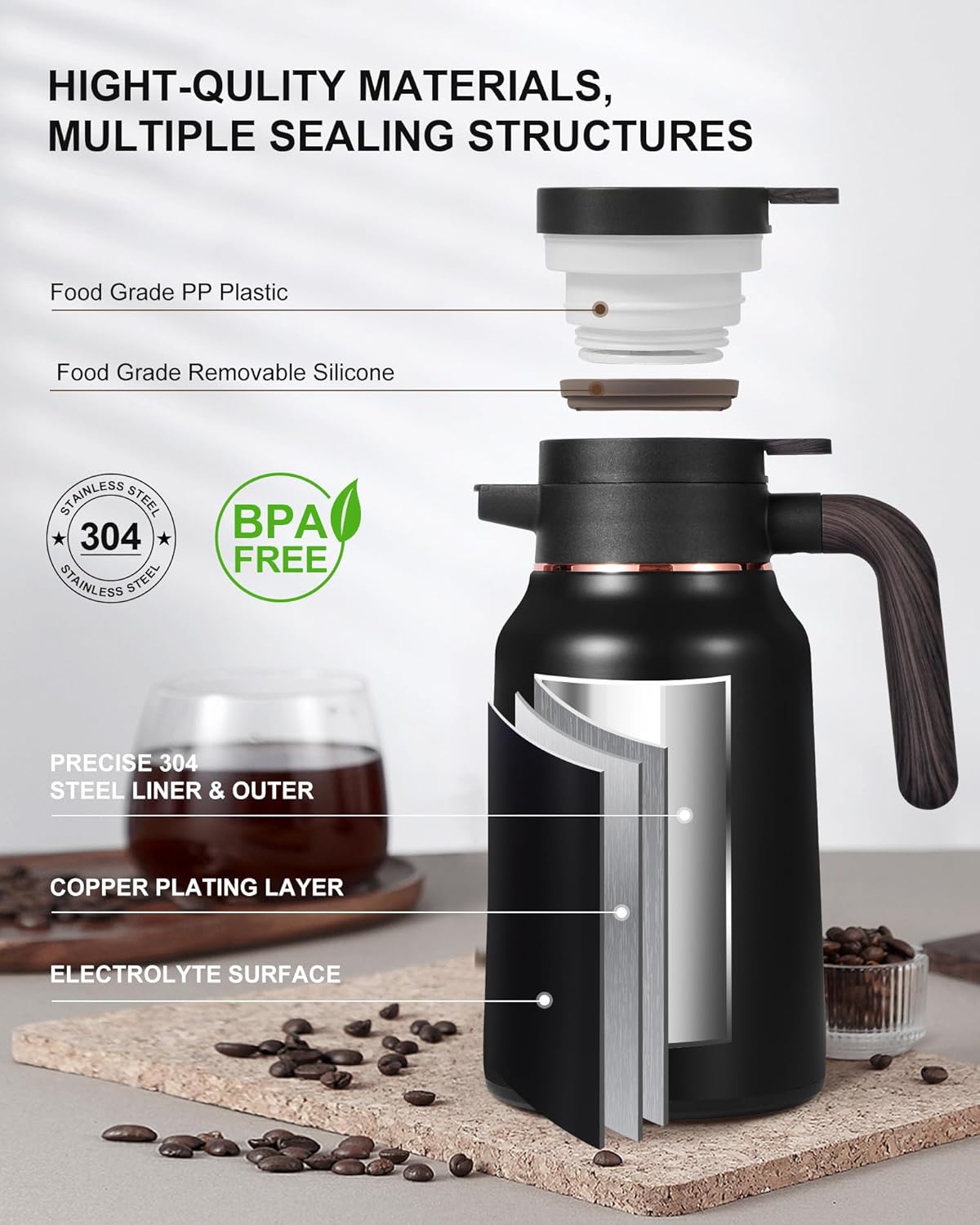Carafes for Hot Liquids 51oz - 12 Hour Stainless Steel Thermal Coffee Carafe-Insulated Coffee Carafes For Keeping Hot/Cold Coffee, Tea, Water, 1.5 Liter Beverage Dispenser(Black)