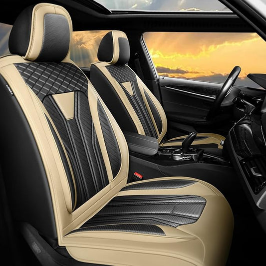 Fit Frontier Car Seat Covers Premium Leather for Nissan Frontier 2009-2025 2026. Waterproof， Breathable, Scratch-Resistant & All-Weather Seat Cushion Protector（Full Set,Beige&Black