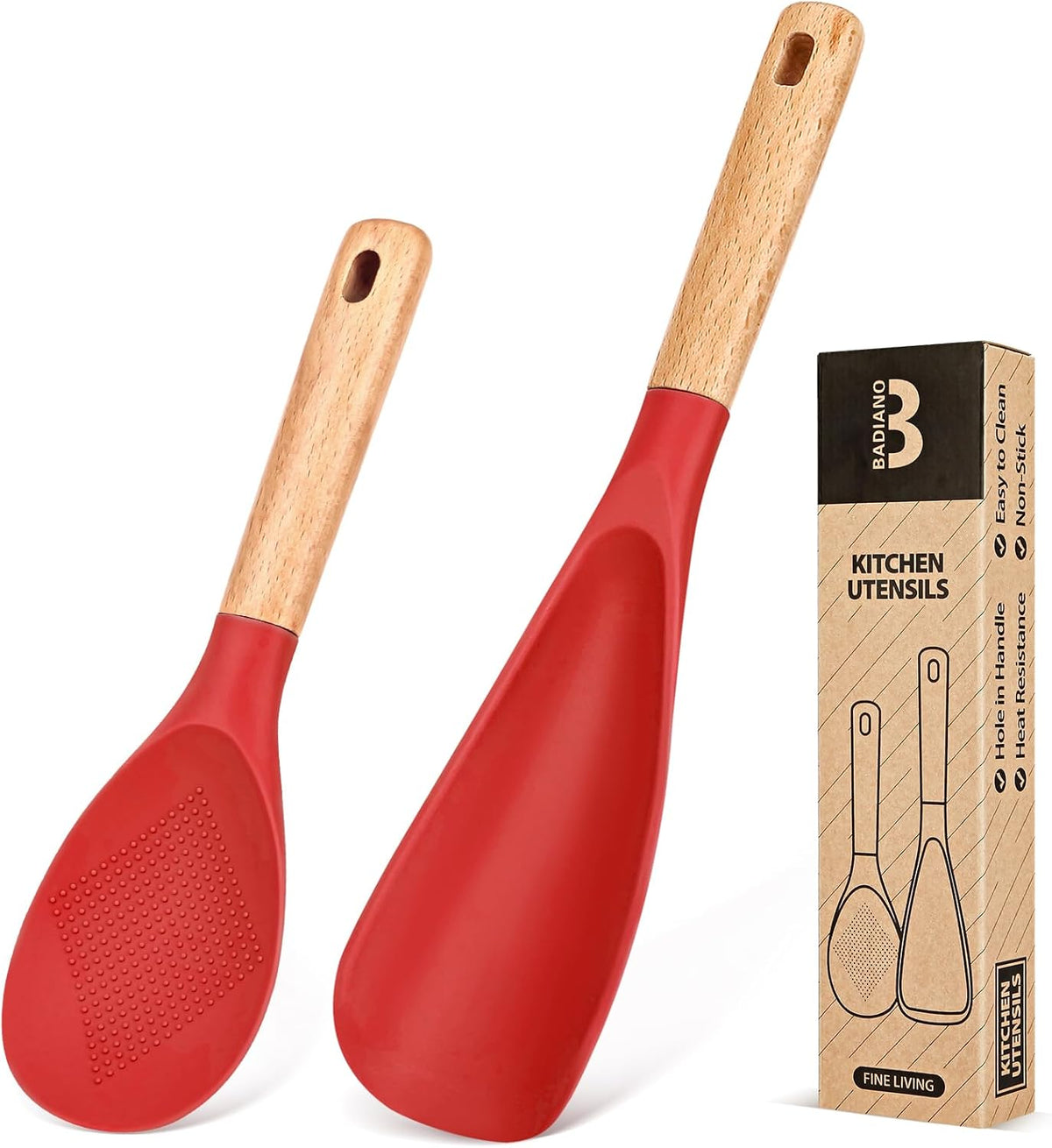 Cooking Spoon and Rice Scooper for Nonstick Cookwares, Great for Cooking and Serving Sturdy BPA-Free Matte Silicone, Wood Handle Spoon for Mixing, Scoop, and Scrape (RED)