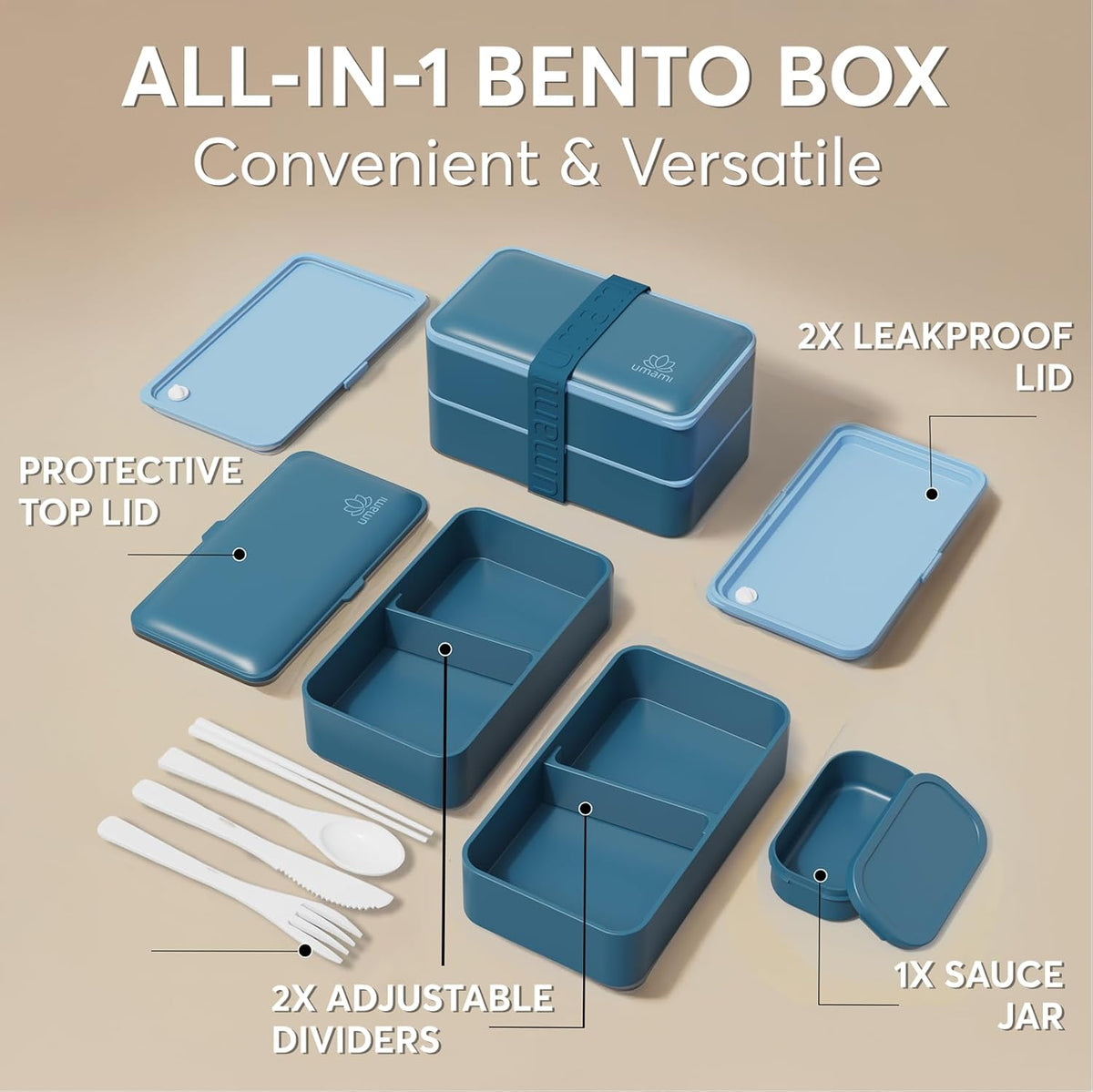 Umami Bento Box Adult All-In-1 w/4 Utensils, Big Sauce Jar, 2 Dividers, 100% Leakproof, Microwave & Dishwasher Safe, Stackable Bento Lunch Box Containers for Men/Women, Denim Blue, 40 oz