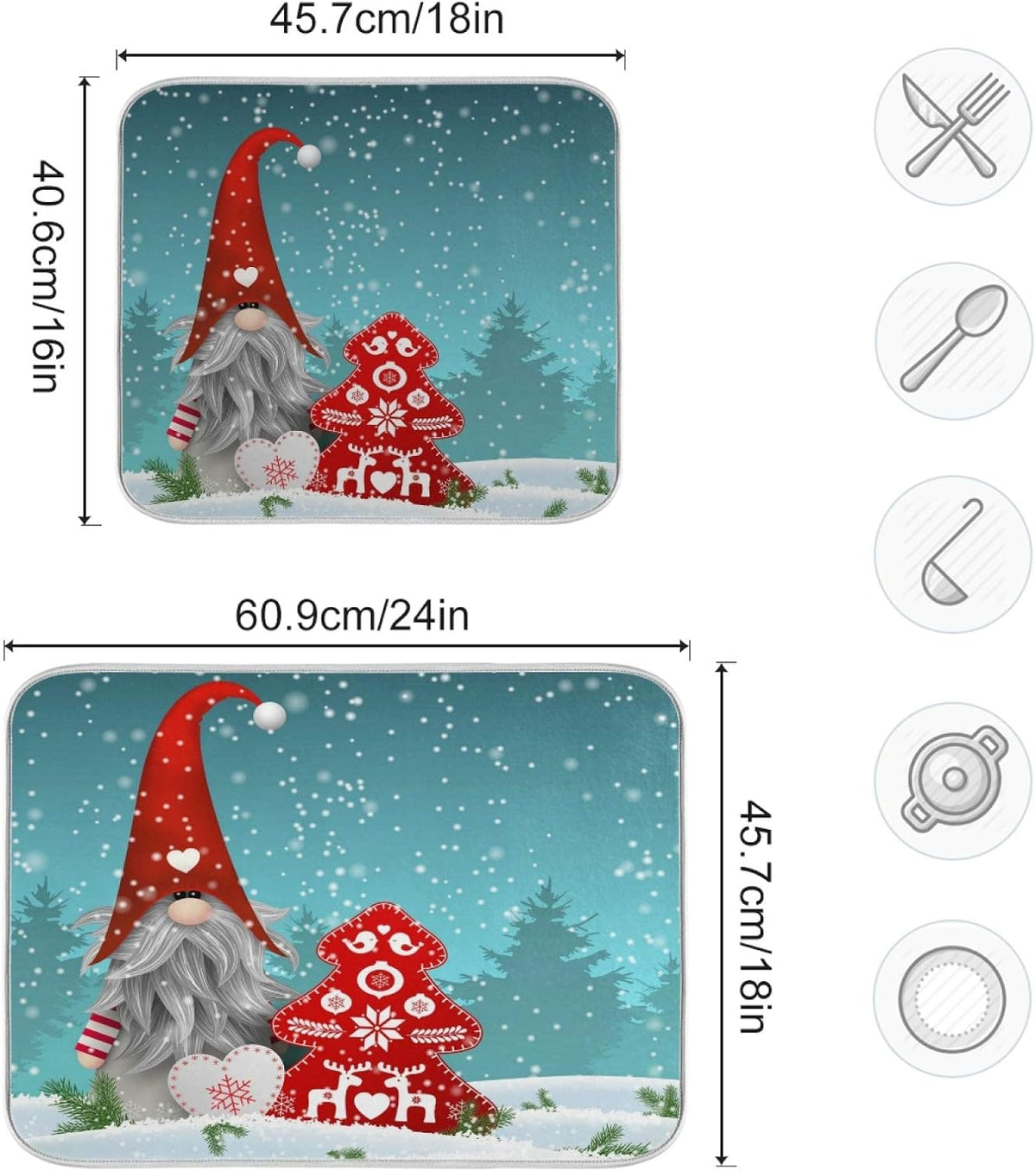 Super Absorbent Dish Drying Mat, Microfiber Fast-Drying Dish Mat, 24" x 18", Kitchen Dish Drying Pad, Watercolor Cute Christmas Gnome…