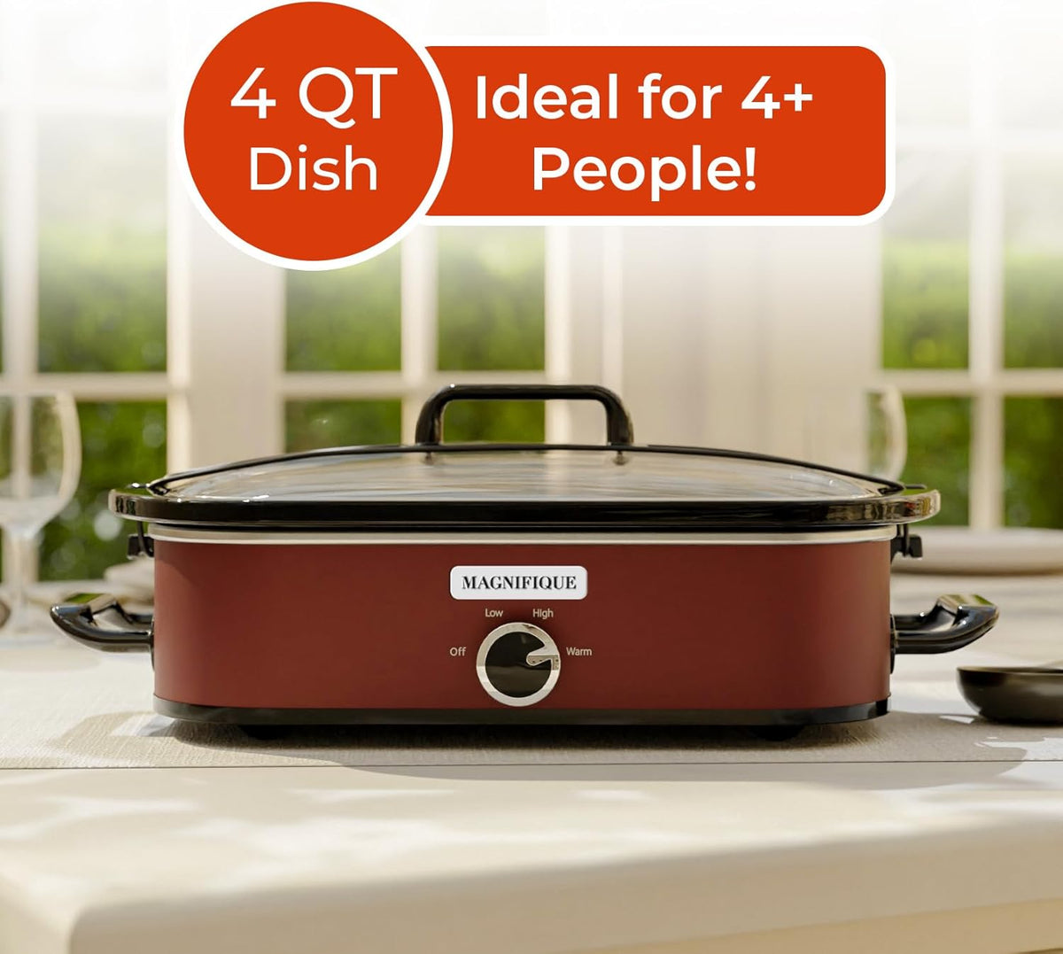 [NEW] MAGNIFIQUE 4-Quart Slow Cooker with Casserole Manual Warm Setting - Perfect Kitchen Small Appliance for Family Dinners, Dishwasher Safe Crock, Red