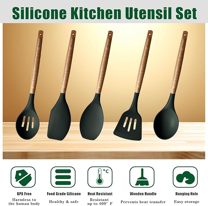Miusco Non-Stick Silicone Cooking Utensils Set with Natural Acacia Hard Wood Handle, 5 Piece, High Heat Resistant (Green)