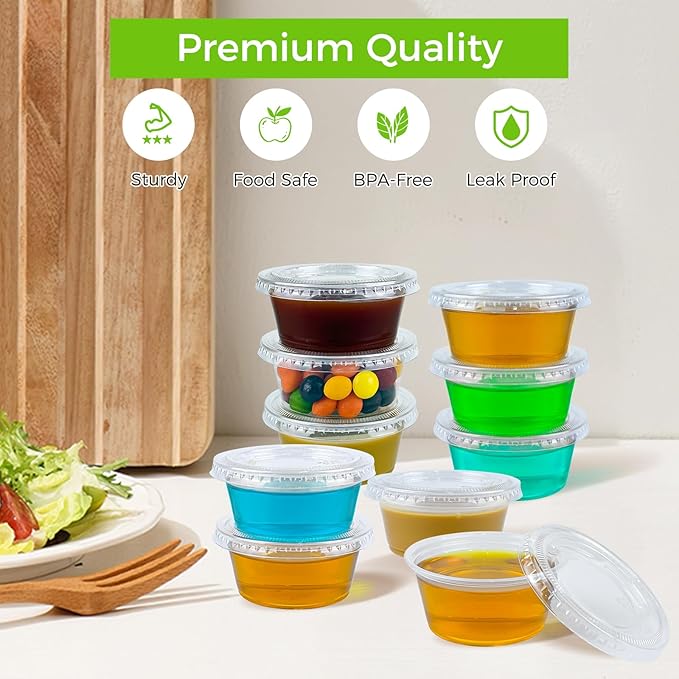 360 Set 3.25 oz Jello Shot Cups with Lids, Sturdy & Food Safe Disposable Plastic Portion Condiment Dipping Sauce Cups, Small Containers for Salad Dressing
