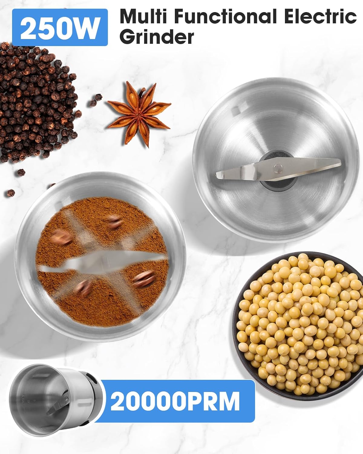 Electric Coffee Grinder,250W Powerful Motor Kichen Grinder,Quite Home Machine with 75g Coffee Bean Capacity,for Beans Spices Nuts Grians Herbs,Stainless Steel and Black
