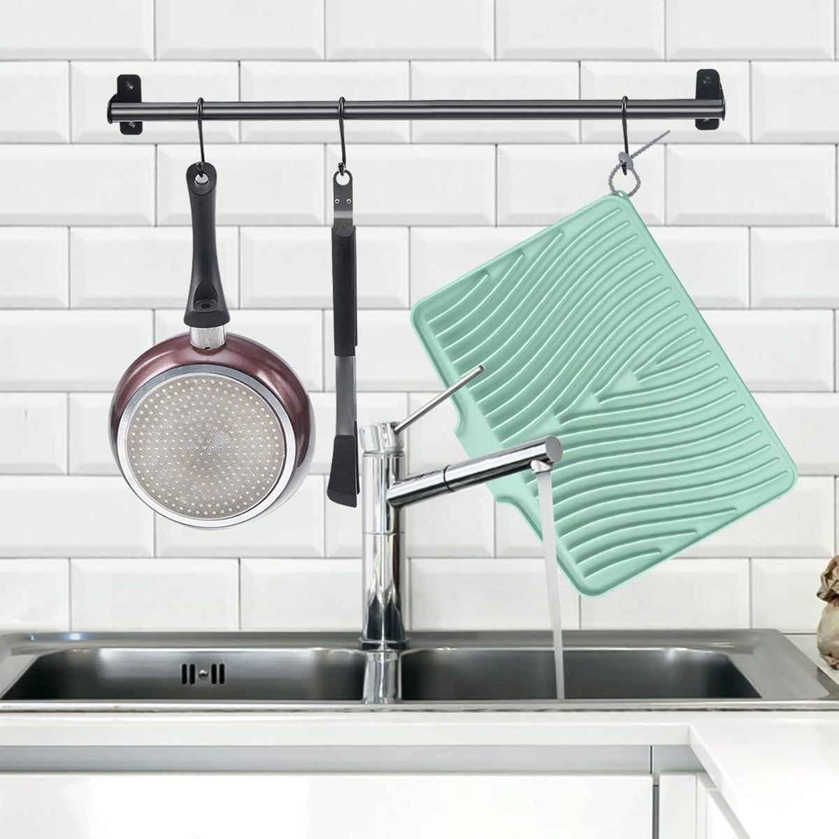 Silicone Dish Drying Mat for Kitchen Counter, Dish Drying Pad, Non-Slip Drain Pad with Built-in Drain, Heat Resistant Stone Drying Mat(15.8" x 13", Mint)