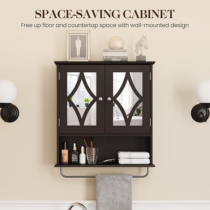RoyalCraft 22x25 Bathroom Medicine Cabinet with Mirror, Large Wood Wall Mounted Storage Cabinet with Shelves and Towel Bar, Over The Toilet Storage Cabinet for Bathroom, Laundry, Living Room, Brown