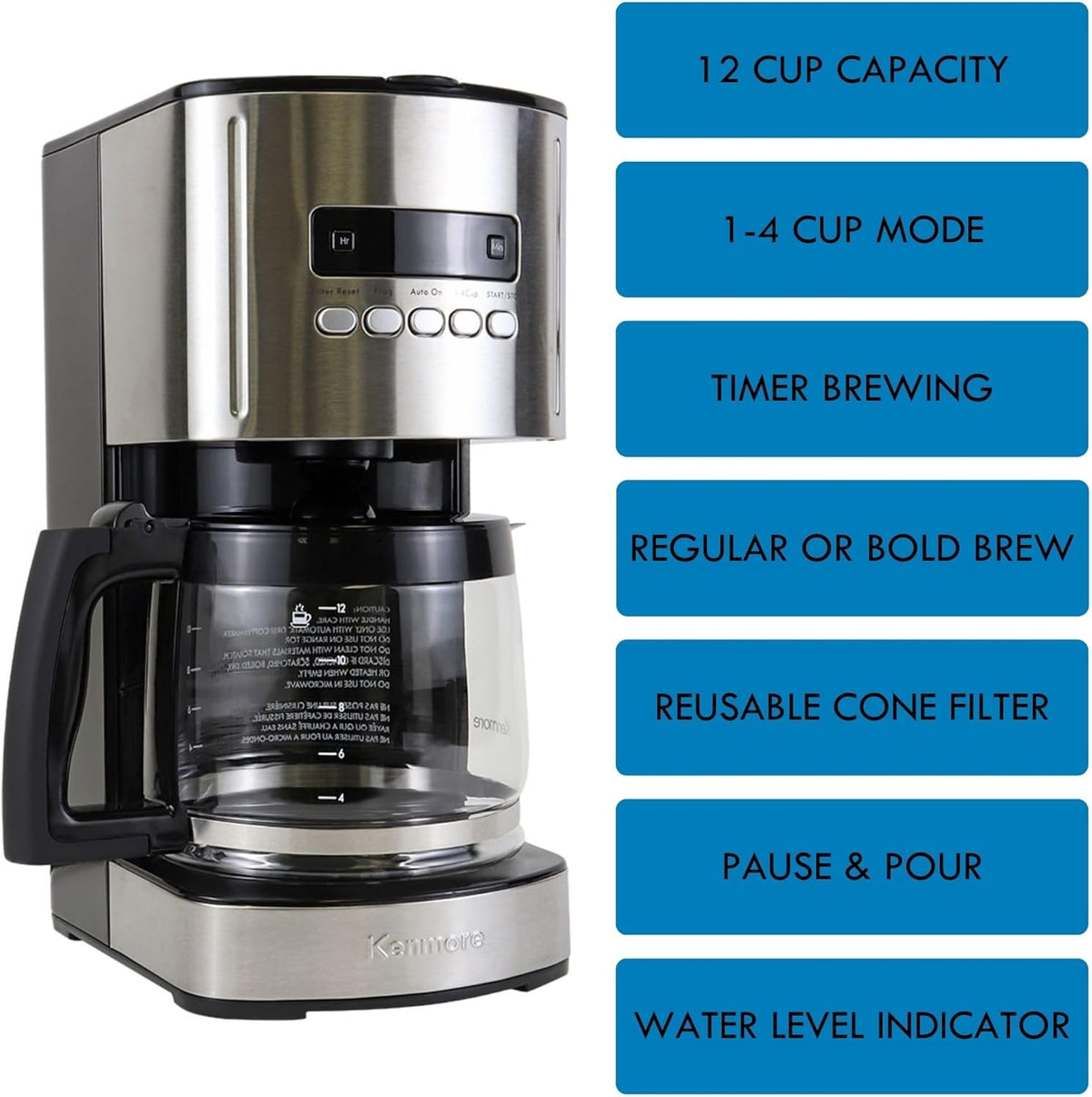 Kenmore Drip Coffee Maker - 12 Cup Programmable Cafe Machine With Glass Pot, Regular & Bold Brew, Auto Shut Off Large Water Reservoir, Reusable Filter, Kitchen Appliances For Cafeteria Barista, Black