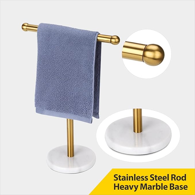 Gold Hand Towel Holder Stand with Heavy Marble Base, T-Shape Towel Rack, Free-Standing for Bathroom Vanity Countertop, 304 Stainless Steel (Gold)