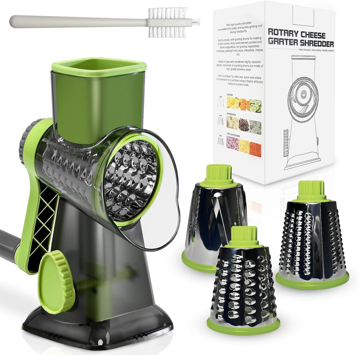 Rotary Cheese Grater with Handle, XinM Cheese Shredder Kitchen Mandoline Vegetable Slicer with 3 Interchangeable Blades, Easy to Clean Rotary Grater for Cheese Potato Nuts Chocolate (Green)