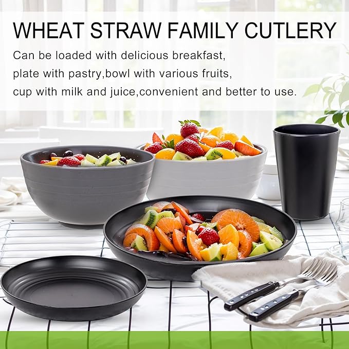Rubtlamp 24Pcs Kitchen Plastic Wheat Straw Dinnerware Set,Dinnerware Sets for 6,Microwave Dishwasher Safe Plates, Unbreakable Reusable Plastic Wheat Straw Bowls & Plate for Camping