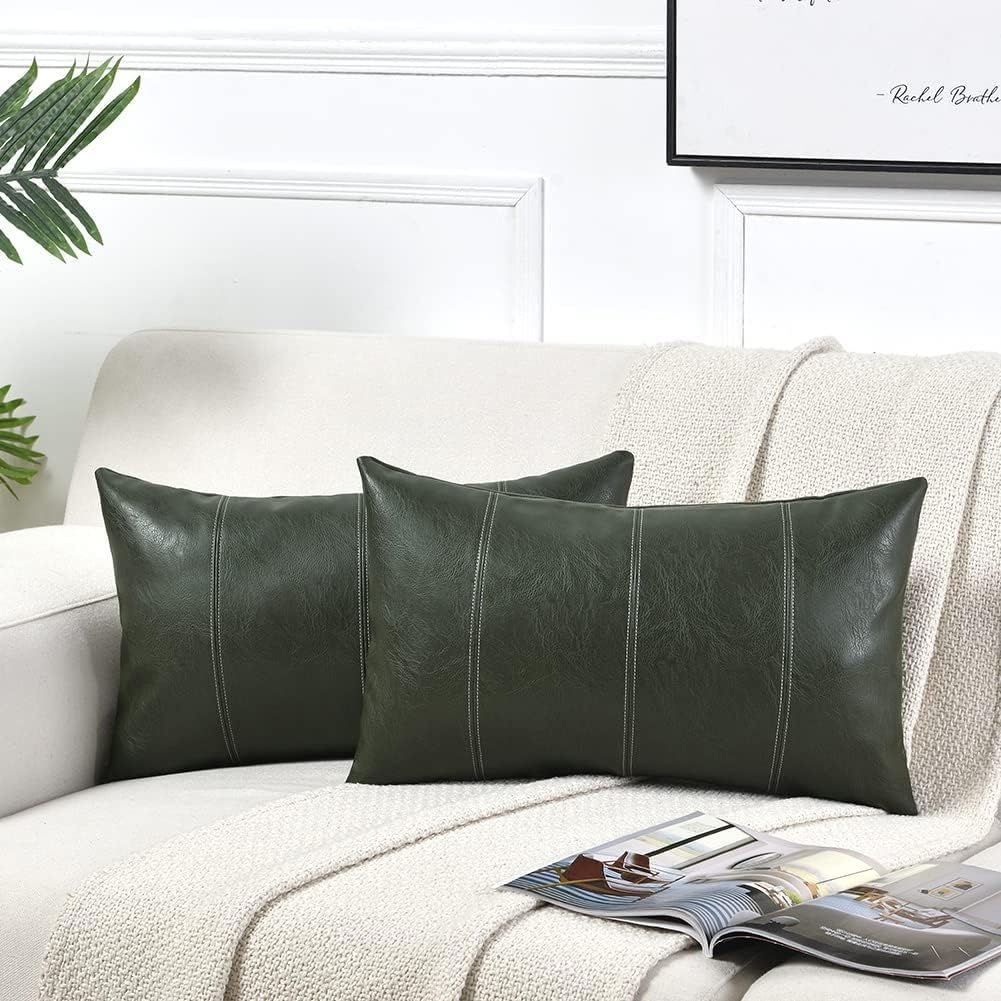 Fancy Homi Dark Green Long Lumbar Faux Leather Decorative Throw Pillow Covers 12x24 Inch for Living Room Couch Bed, Modern Farmhouse Boho Home Decor, Olive Green Hand Stitched Cushion Case 30x60 cm