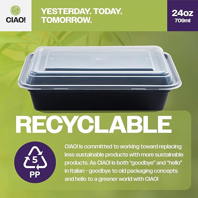 CIAO! Heavy Weight 24oz Injection Molded Microwavable Black Rectangular Food Container With Lid (150/case)