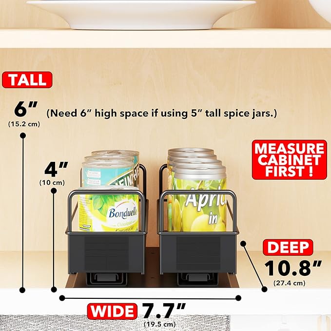 SpaceAid Pull Out Spice Rack Organizer for Cabinet, Heavy Duty Slide Out Seasoning Kitchen Organizer, Cabinet Organizer, with Labels, 7.7" W x10.8 D x4 H, 2 Drawers 1-Tier