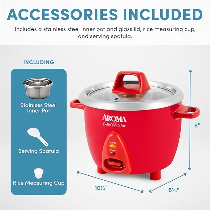 Aroma Housewares Select Stainless Rice Cooker & Warmer with Uncoated Inner Pot, 6-Cup(cooked)/ 1.2Qt, ARC-753SGR, Red