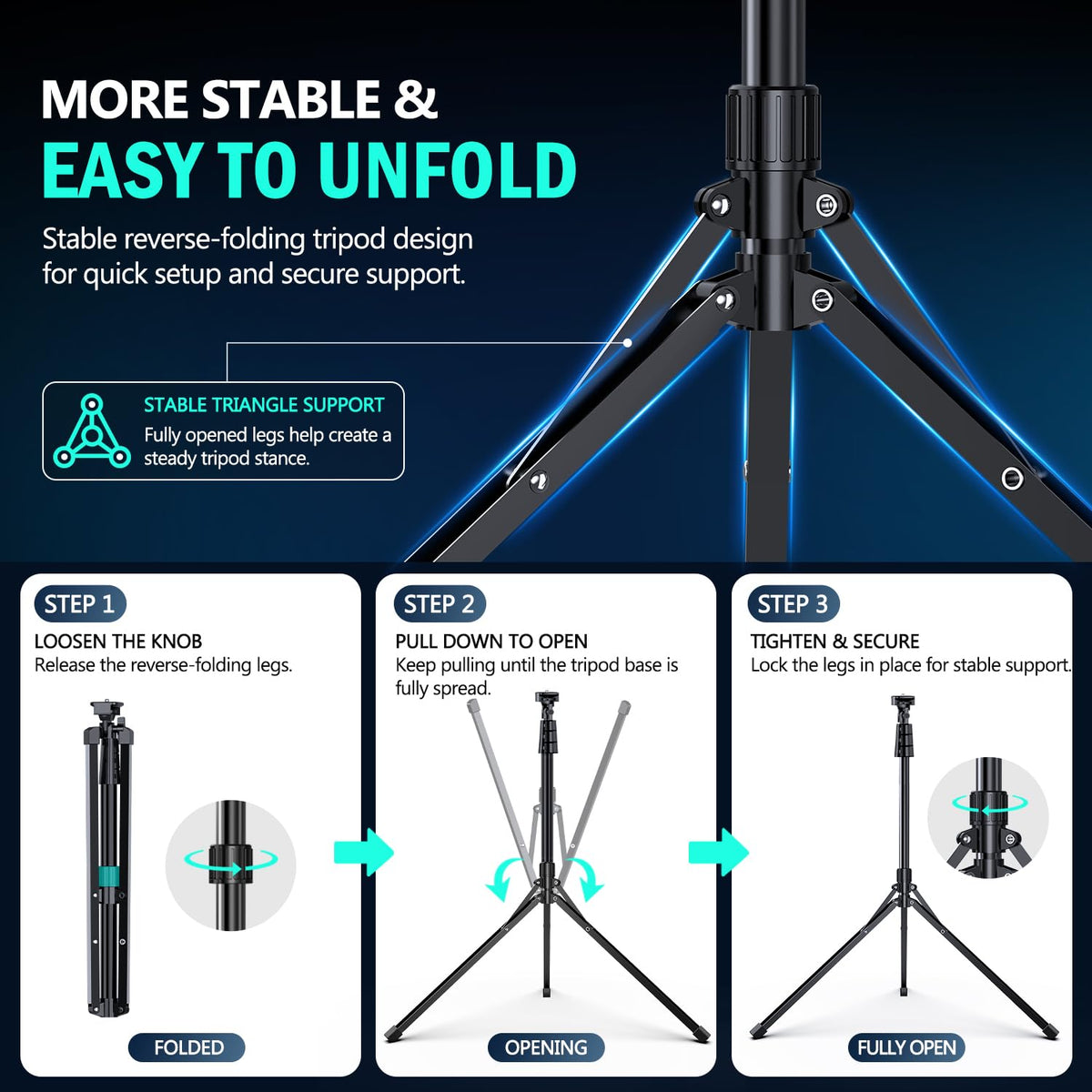 UBeesize 14'' LED Foldable Ring Light with 62'' Tripod Stand, Selfie Ring Light for Video Recording, Live Streaming, TikTok & YouTube, Compatible with iPhone & Android (Black)