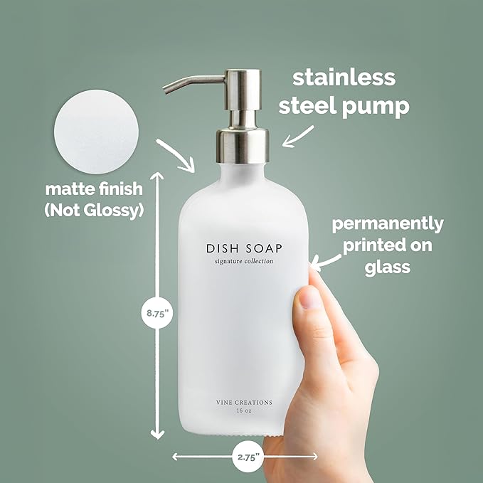Vine Creations White Glass Soap Dispenser Set, Dish Soap and Hand Soap Dispenser Set with Stainless Steel Pump, 16 oz Glass Dispensers for Kitchen or Bathroom Decor (Matte White Bottle/Silver)