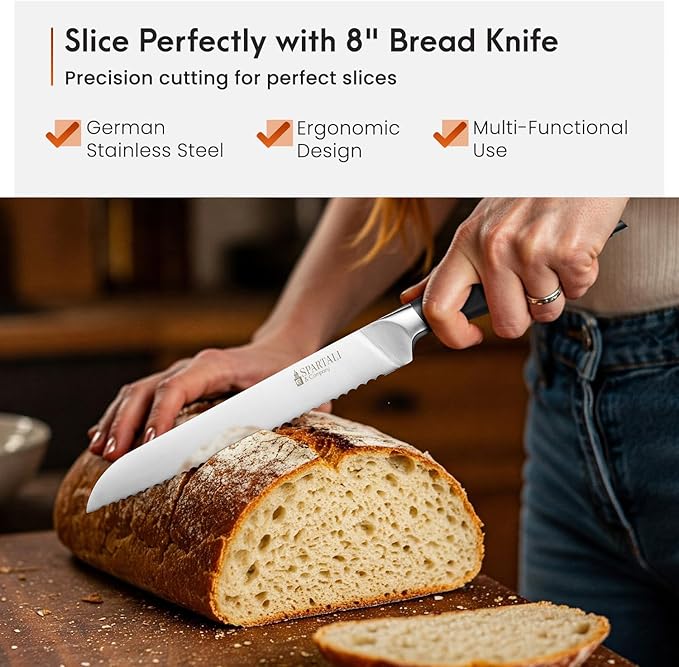 8-Inch Bread Knife – Serrated High Carbon German Stainless Steel Blade for Bread, Bagels & Pastries – Ergonomic Handle, Rust-Resistant, Ultra-Sharp Edge – Ideal for Home Bakers and Chefs.