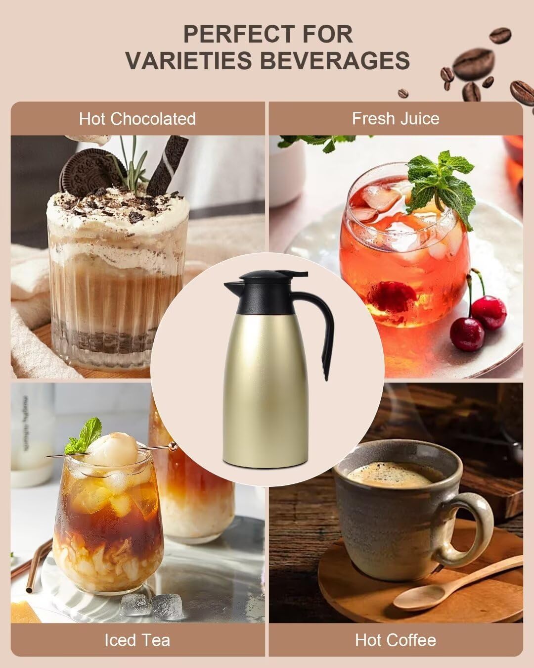 1.9L Thermal Coffee Carafe for keeping hot, Carafe for hot liquid, Airpot Insulated Coffee Carafe Stainless Steel Vacuum Thermal Pot for Coffee, Hot Water, Tea, Keep Hot 24 Hours (2 gold)