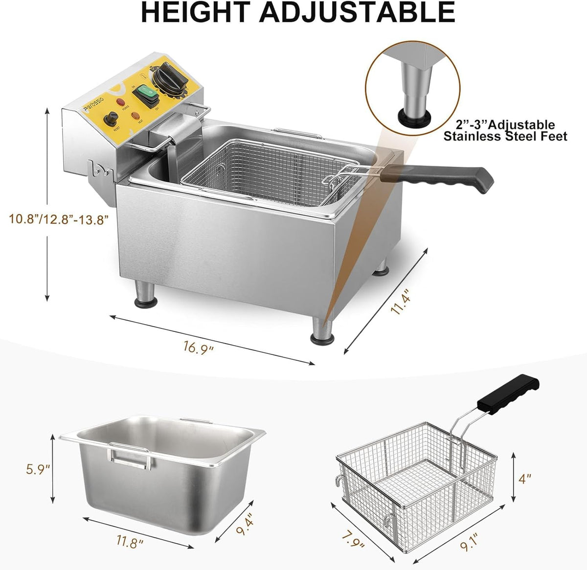 Large Deep Fryer with Basket and Lid 10L(10.6Qt), 304SS Electric Deep Fryer for Home and Commercial, Countertop Deep Fryers, 1750W Fast Heating, 120V