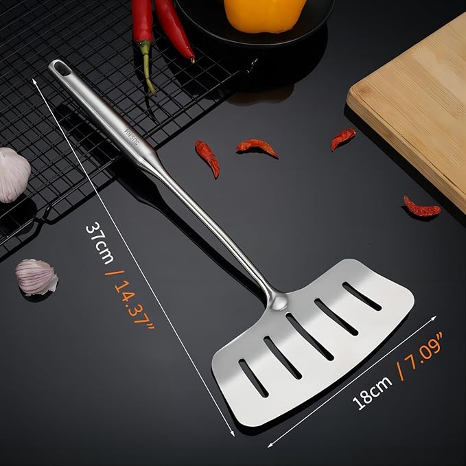 GREATLINK 304 Stainless Steel Fish Spatula,Wide Slotted Turner Steak Spatula With Heat Resistant Long Handle,Professional Kitchen Slotted Cooking Turner for Cooking or Baking