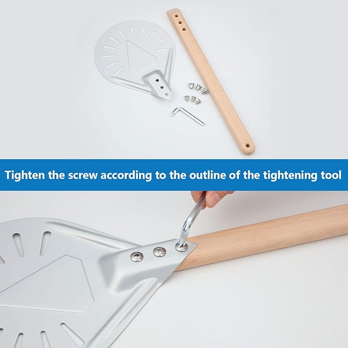 Pizza Turning Peel Perforated Pizza Turner Round Metal Aluminum Turning Peel Paddle with 16 Inch Anti-scalding Non-slip Durable Wooden Handle for Homemade Bread Bakers Oven Accessories(7 Inch)