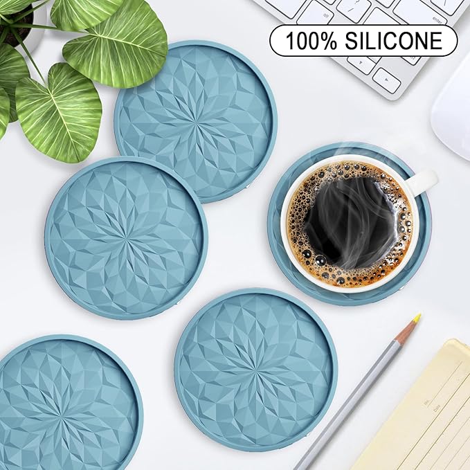 ME.FAN Silicone Coasters with Holder,[6 Pack] Drinking Coasters - Cup Mat for Hot or Cold Drinks, Thickened, Non-Slip, Non-stick,Deep Tray Ether