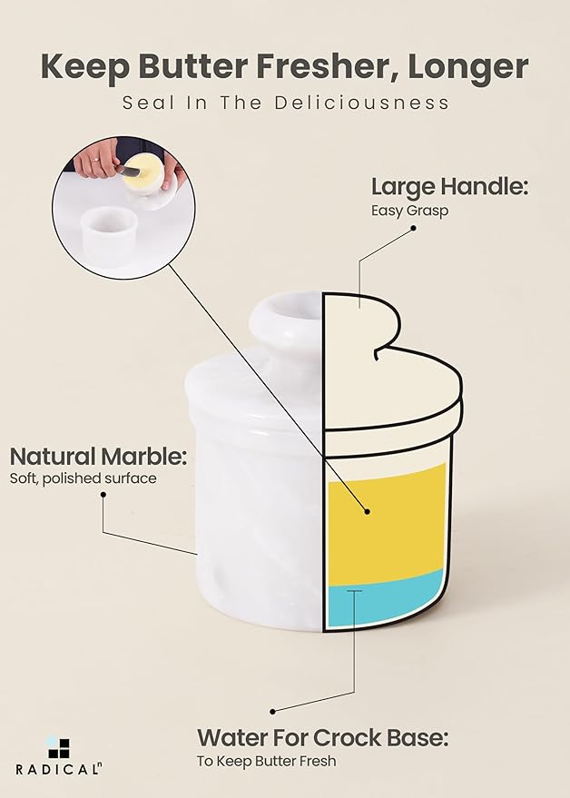 Radicaln Marble Butter Keeper 4.25'' Inches White Handmade French Butter Holder For Kitchen Counter Decor Ideal Butter Crock For Counter With Water & Butter Crock For Kitchen
