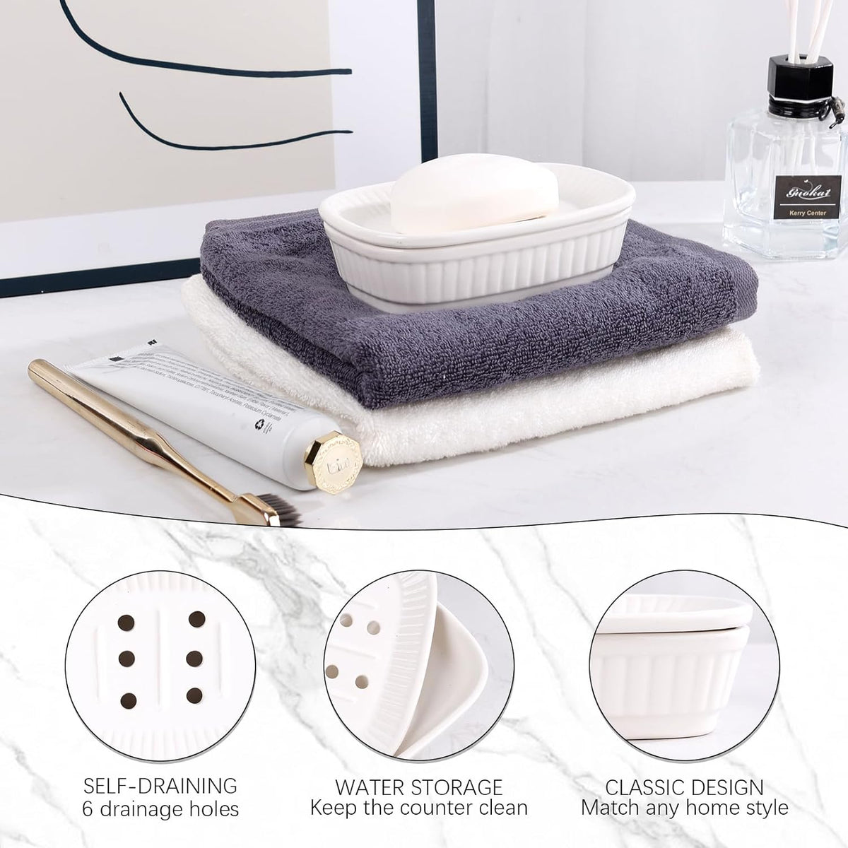 ANTIS'S HOME Ceramic Soap Dish, Self-draining Soap Holder, Double Layer Bar Soap Holder, White Draining Soap Dishes for Bathroom Shower Kitchen, Minimalist Vintage Style, Keep Soap Dry