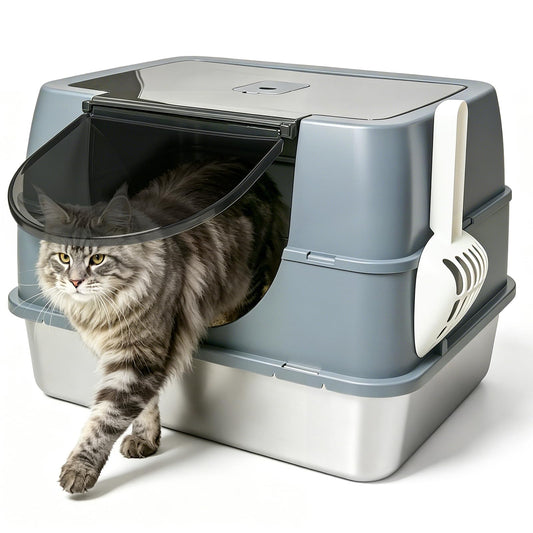 Stainless Steel Litter Box with Lid Enclosed Litter Box for Medium Cats