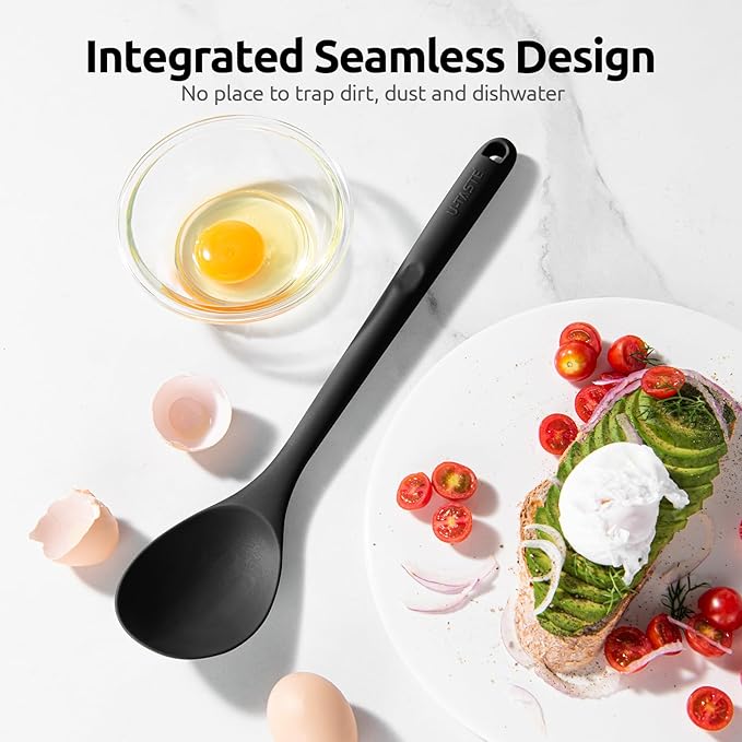 600ºF Heat Resistant Silicone Spoon: U-Taste 13.3in Solid Kitchen Cooking Spoon, Nonstick Food Grade Large & Long Soup Rubber Utensil for Mixing, Serving, Stirring, Basting, for Pot Cookware (Black)