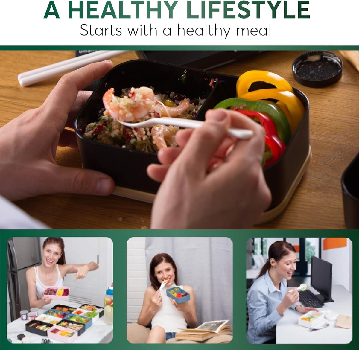 Umami Bento Box Adult All-in-1 w/ 4 Utensils, 100% Leakproof, Dishwasher & Microwave Safe Lunch Containers for Adults w/ 4 Compartments, Black, 34 oz