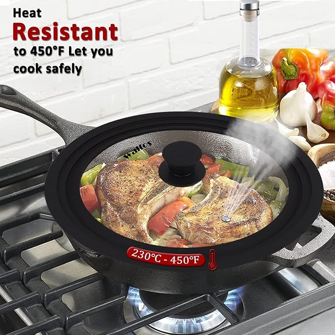 Walfos Universal Lid for 9.5", 10.5" and 11" Diameter Cookware, Fits Pots, Pans and Skillets - Walfos Tempered Glass Pan Lid with Heat Resistant Silicone Rim, BPA Free Pot Lids, Dishwasher-Safe, Black